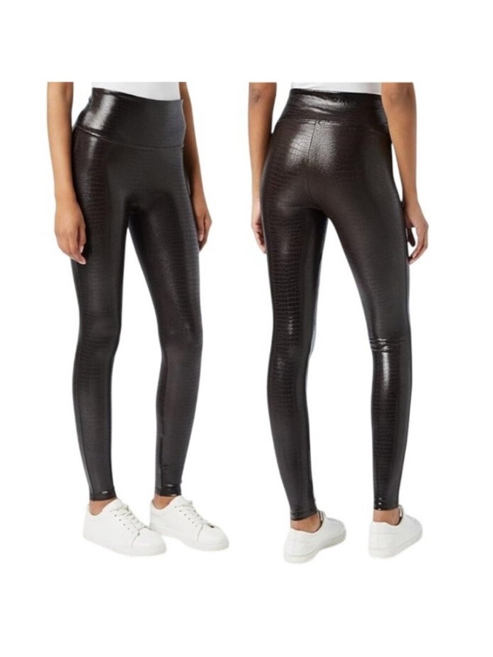 SPANX High-Waist Embossed Faux Leather Leggings in Black
